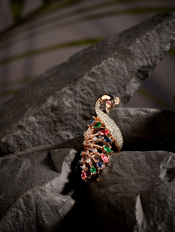 Rose Gold Plated Multi AD studded Peacock Handcrafted Finger Ring