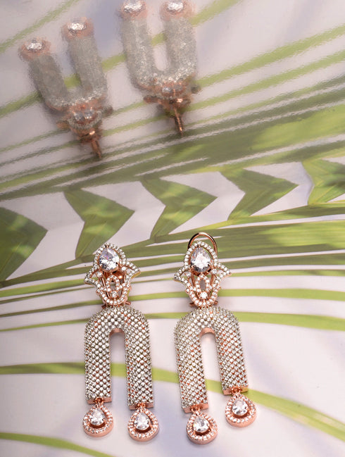 Rose Gold Plated White AD stdded Long Designer Dropdown Earrings