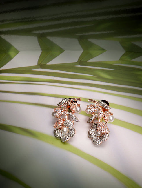 Rose Gold Plated white AD and Pearl studded Flower Stud Handcrafted Earrings