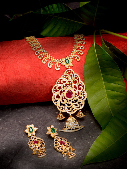 Gold Plated Multi Stone Studded Pendant Style Neclace and Earring Set