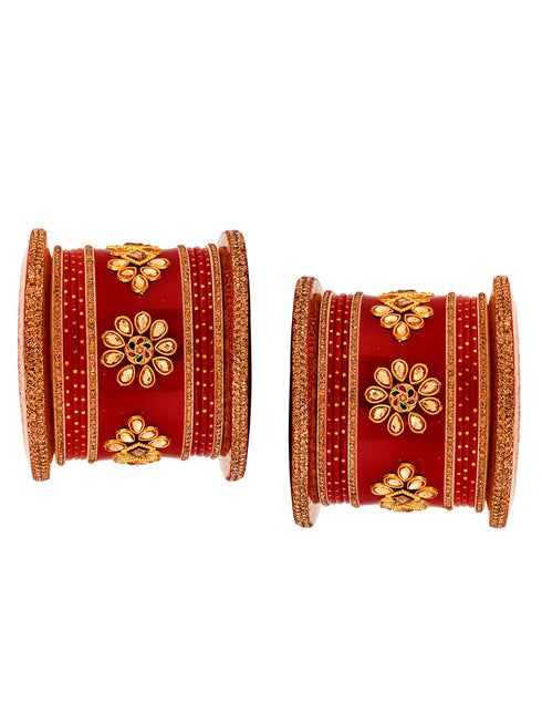 Gold Plated set Of 2 Matching Red Bangles kundan studded Bridal designer Chuda