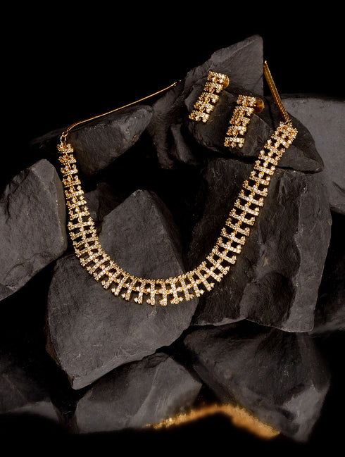 Gold Plated white AD Studded fancy Choker Necklace and Earrings Set