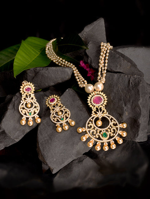 Gold Plated Multi AD and Pearl Studded Chandbali Pendant Necklace and Earrings Set