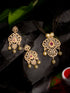 Gold Plated Red AD Studded Traditional Intricate Pendant Necklace Black beads Mala and Earrings