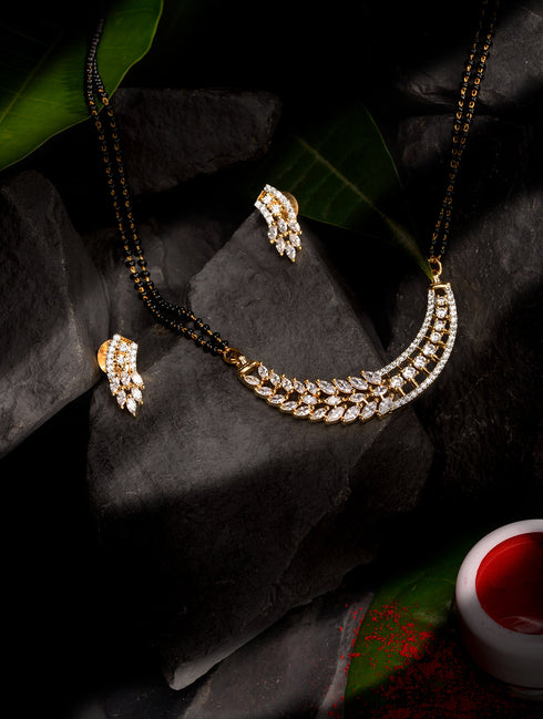 Gold Plated Black Beads AD Studded Designer Mangalsutra Combo Earrings Set