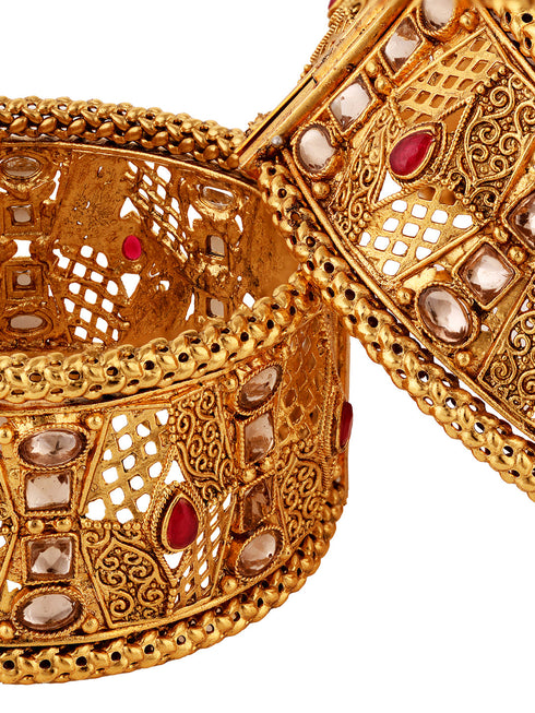 Set Of 2 Gold Plated Multi stone Studded Antique Bangles