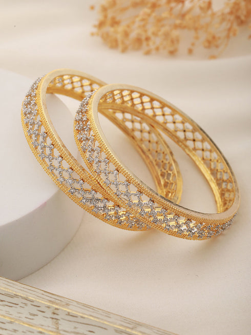 A pair of 2 Gold Dual Toned AD Studded hand Crafted Textuerd Bangles
