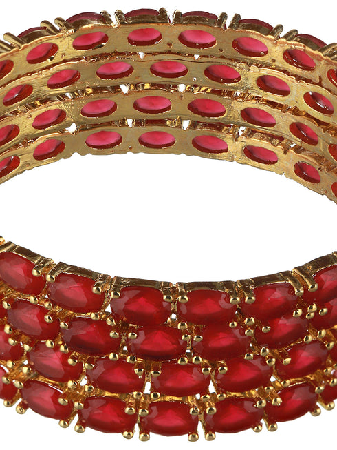 Set of 4 Gold Plated Red Ruby Stone Studded Bangles