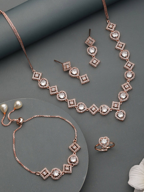 Rose gold Toned AD Studded Minimal Necklace Jewellery Set Combo Wraparound Bracelet
