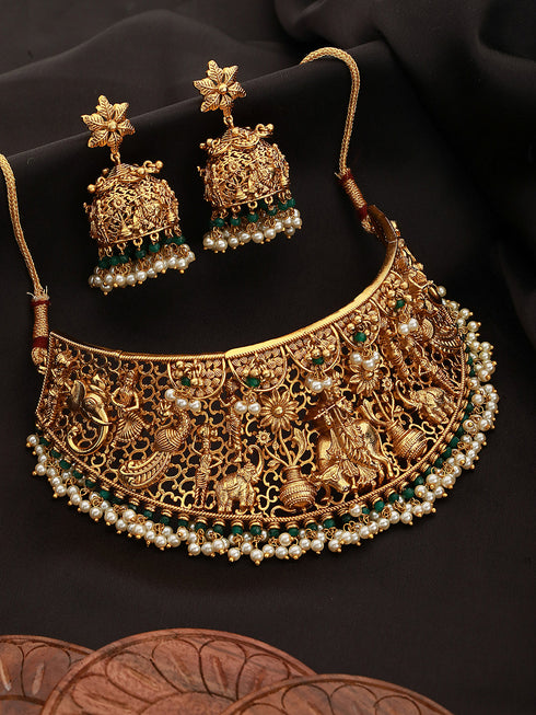 GoldPlated AD Embellished Enchanting Krishna Temple Choker Jewellery Set