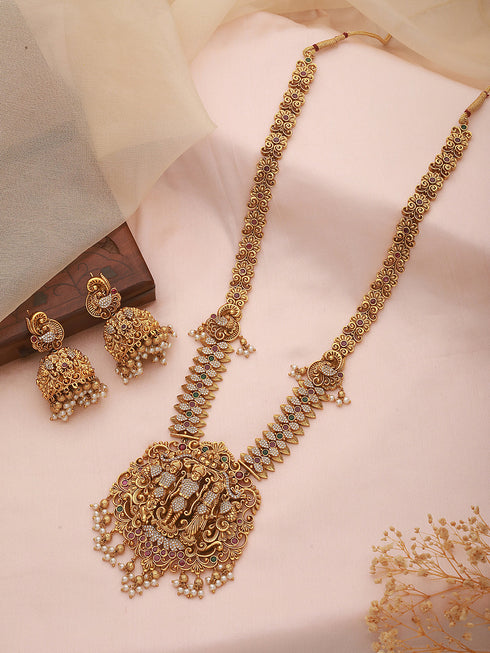 GoldPlated AD Embellished Temple Ram Darbaar Jewellery Set