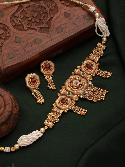 Women GoldPlated Red KempStudded Temple Jewellery Set