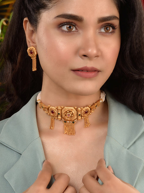 Women GoldPlated Red KempStudded Temple Jewellery Set