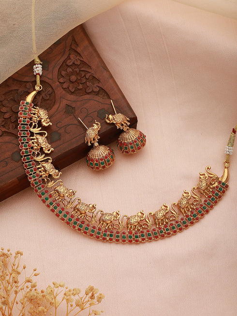 Gold Plated Kemp stone studded Pearl Beaded elephant motif Temple Jewellery Set