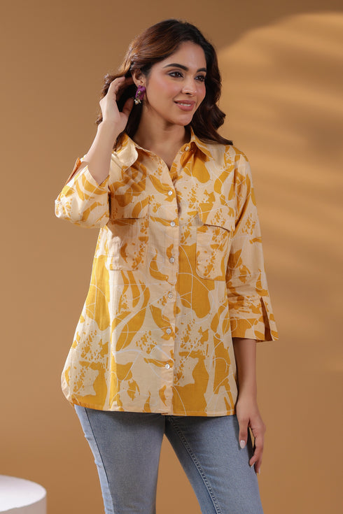 Women Pure Cotton Abstract Printed Shirt Collar Shirt Style Top