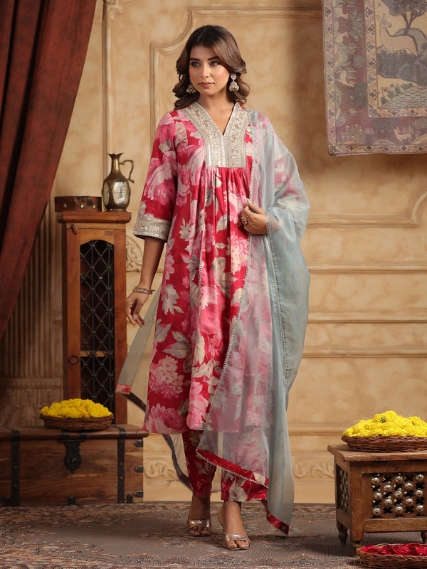 Floral Printed Sequinned Pure Cotton Anarkali Kurta with Trousers & Dupatta