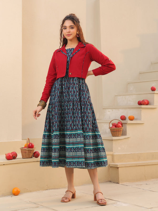 Women Ethnic Motifs Printed Fit & Flare Dress With Jacket