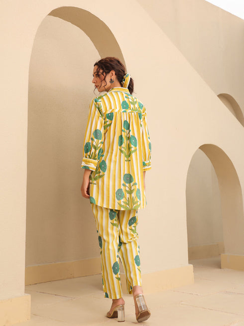 Printed Pure Cotton Shirt Collar Neck Shirt & Trouser Co-Ords