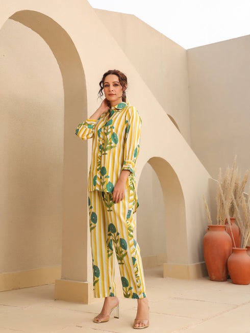 Printed Pure Cotton Shirt Collar Neck Shirt & Trouser Co-Ords