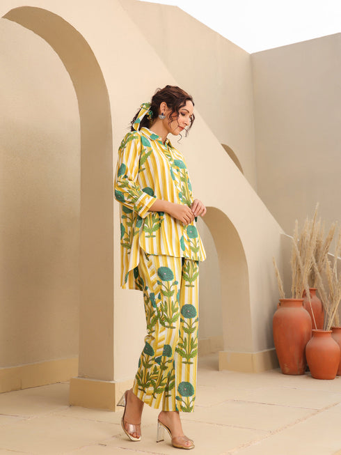 Printed Pure Cotton Shirt Collar Neck Shirt & Trouser Co-Ords