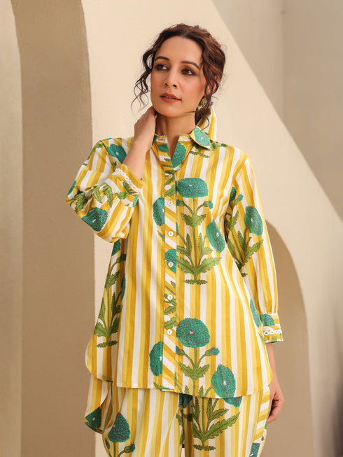 Printed Pure Cotton Shirt Collar Neck Shirt & Trouser Co-Ords