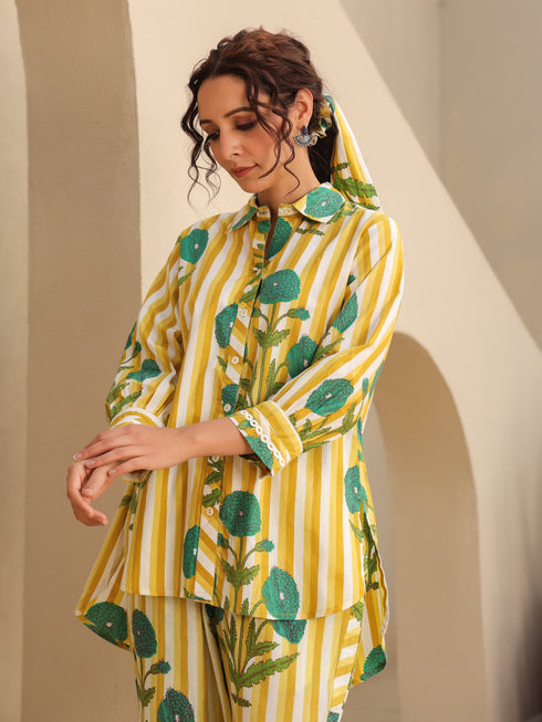 Printed Pure Cotton Shirt Collar Neck Shirt & Trouser Co-Ords