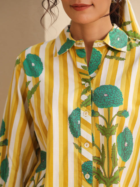 Printed Pure Cotton Shirt Collar Neck Shirt & Trouser Co-Ords