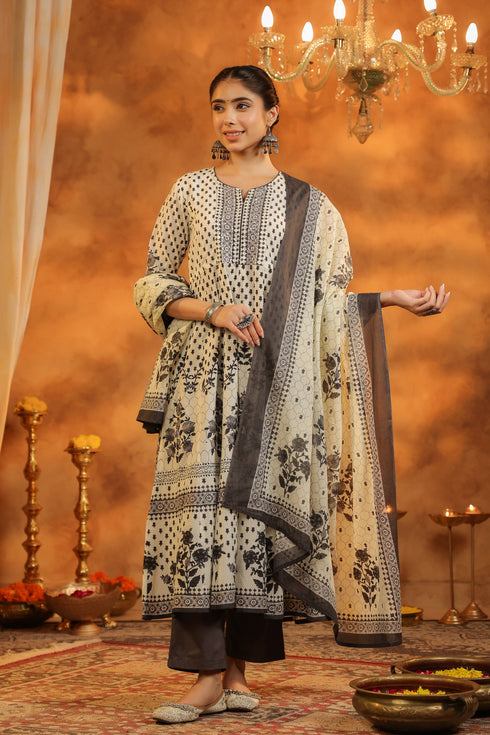 Floral Printed Pure Cotton Kurta With Trousers & Dupatta