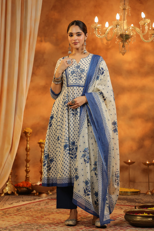 Floral Printed Pure Cotton Kurta With Trousers & Dupatta