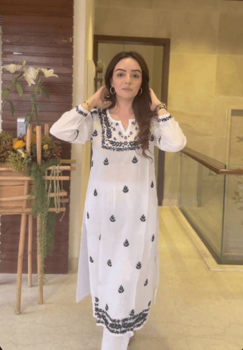 Nishtha in Noor HOK Muslin Chikankari kurti for Women- White With Black