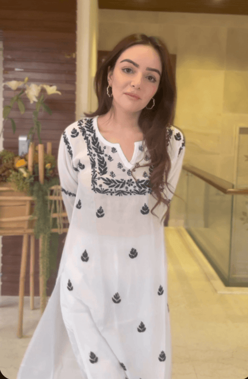 Nishtha in Noor HOK Muslin Chikankari kurti for Women- White With Black