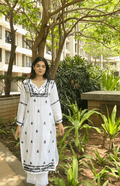Nishtha in Noor HOK Muslin Chikankari kurti for Women- White With Black