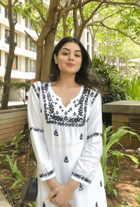 Nishtha in Noor HOK Muslin Chikankari kurti for Women- White With Black