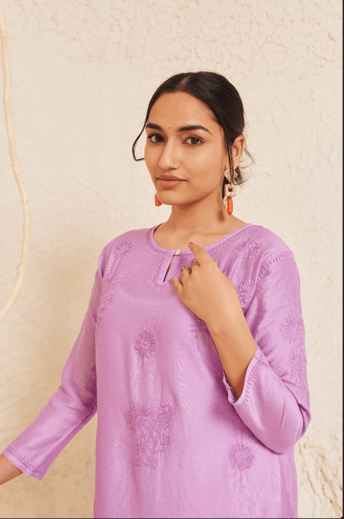 Fizaa Chikankari Long Kurta Notch Neck in Chanderi Silk for Women - Purple