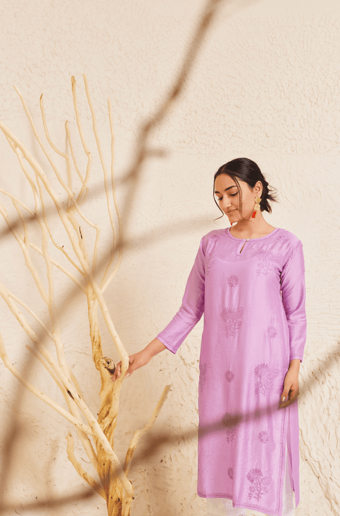 Fizaa Chikankari Long Kurta Notch Neck in Chanderi Silk for Women - Purple
