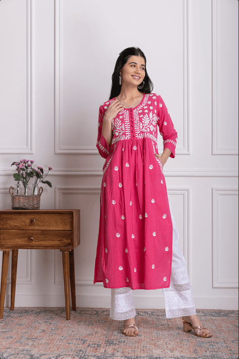 Fizaa Chikankari Kurti for Women With Pocket - Pink