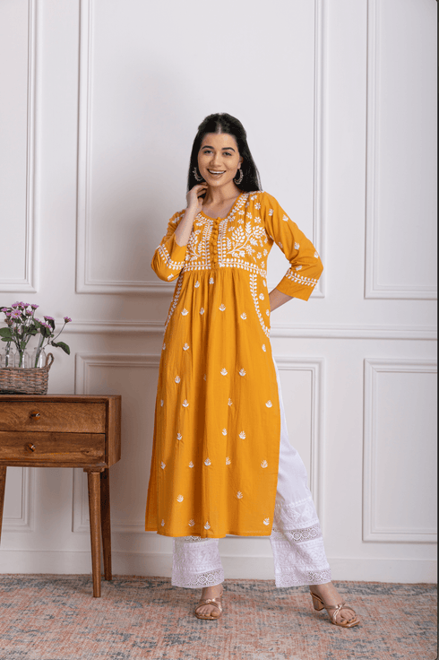 Fizaa Chikankari Kurti for Women With Pocket - Mustard