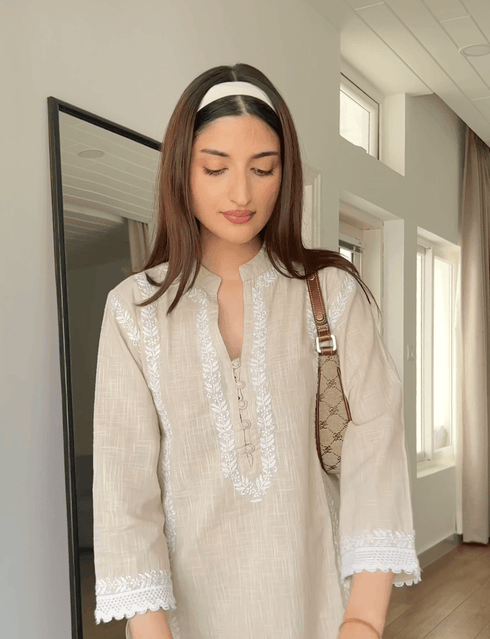 Farheen in Chikankari CO-ORD Set In for Women In Beige
