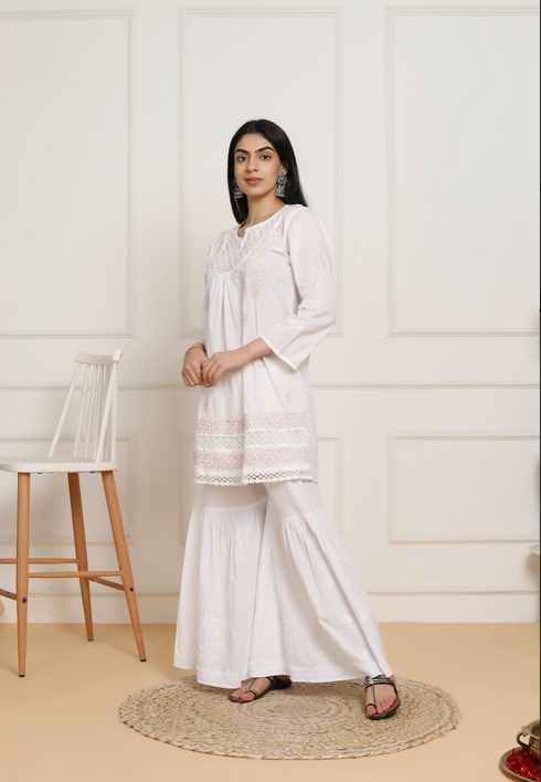 Saba Chikankari shirt kurta in cotton - White with Peach