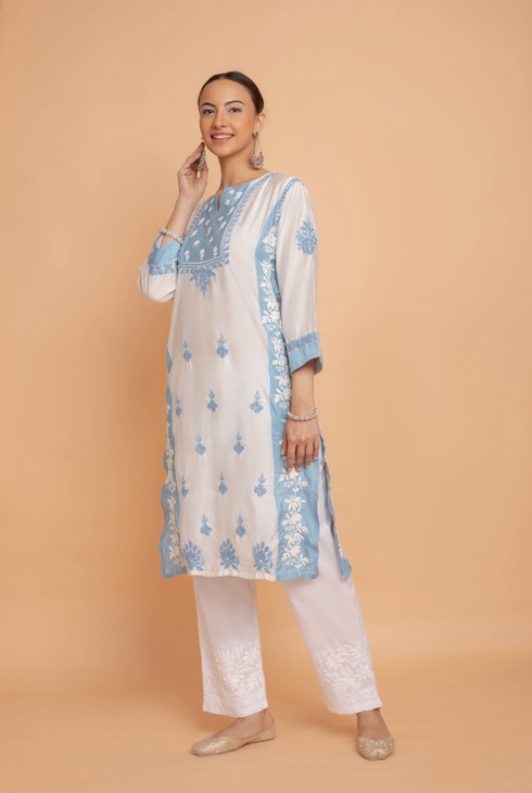 Saba Chikankari kurta in Chanderi Silk - White With Blue
