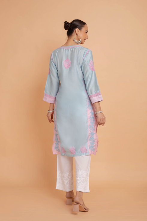 Saba Chikankari kurta in Chanderi Silk - Turquoise Blue With Pink