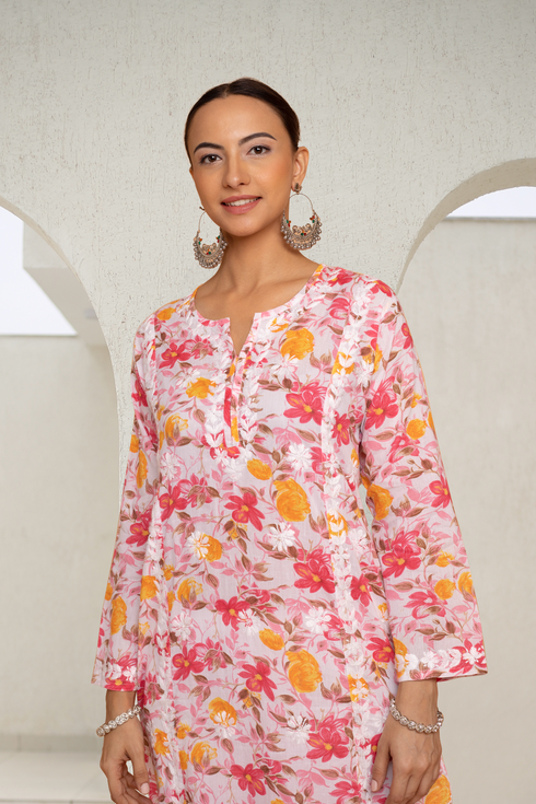 Saba Chikankari Kurta in Mul cotton in Pink Floral