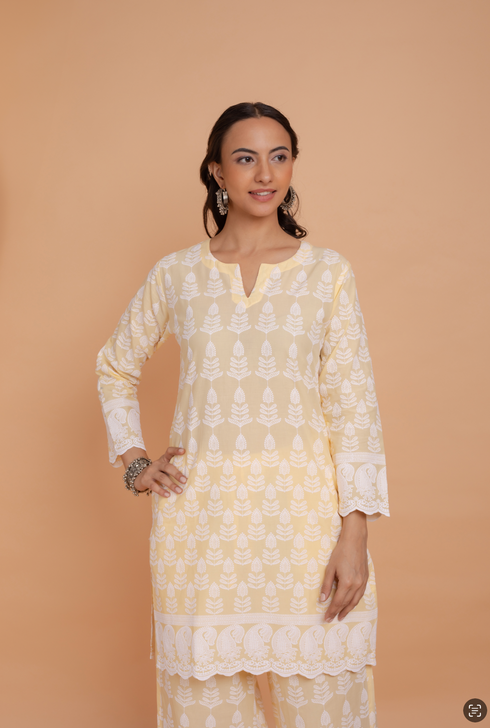 Saba Chikankari Kurta Set in Cotton - Yellow