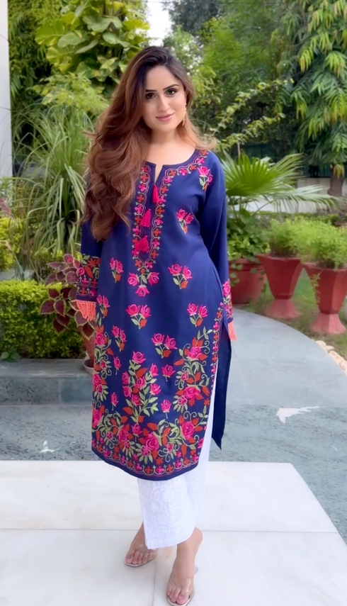 Nikita in Falak Kashmiri Long Kurta- Navy Blue