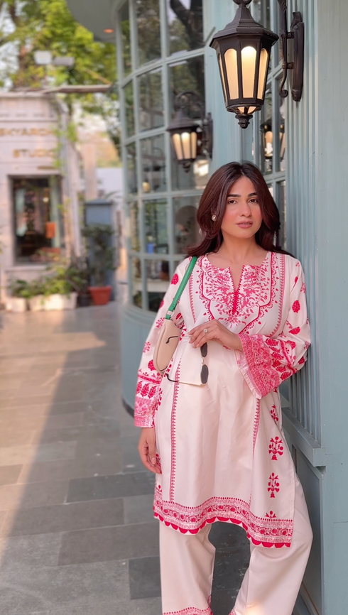Shivani in Printkari Poly Muslin Co-ord set in Off White PINK