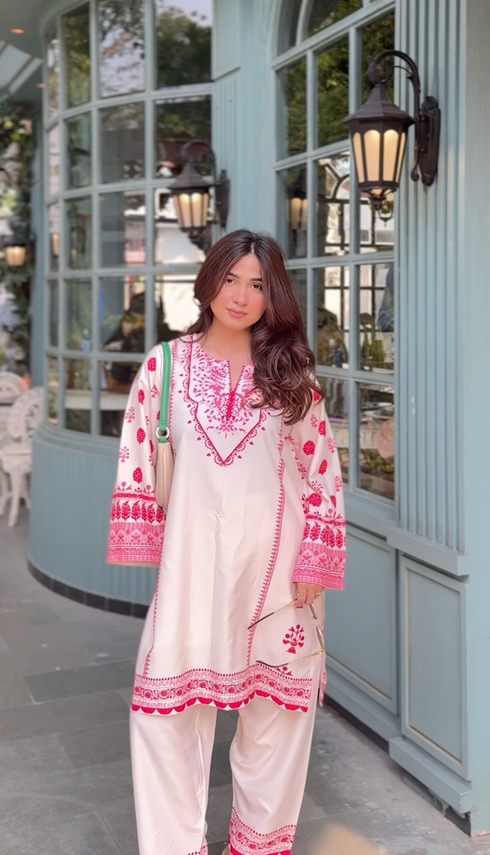 Shivani in Printkari Poly Muslin Co-ord set in Off White PINK