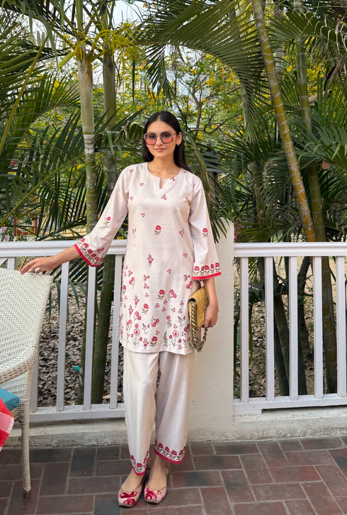 Anureet in Printkari Poly Muslin Co-ord set in Off White Red