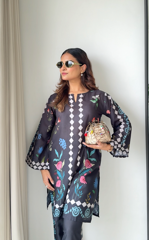 Mauli in Lawn Cotton Printkari Co-ord Set - Black Print With Straight pant