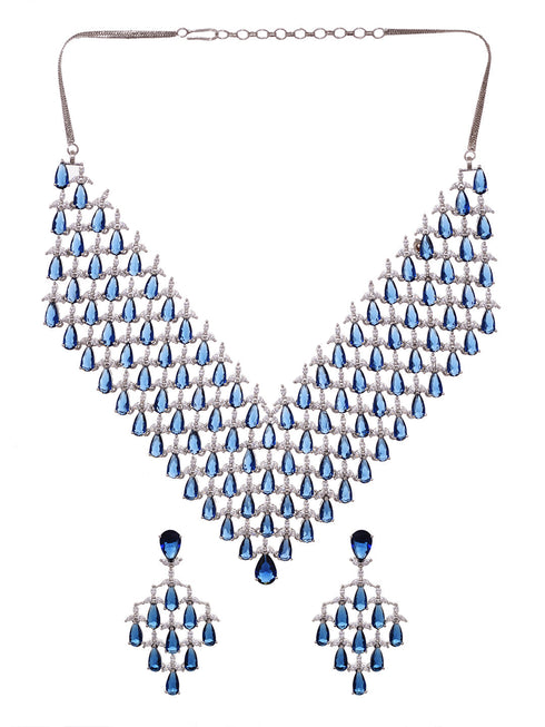 Silver Plated Blue Sapphire AD Studded Statement Necklace Jewellery set