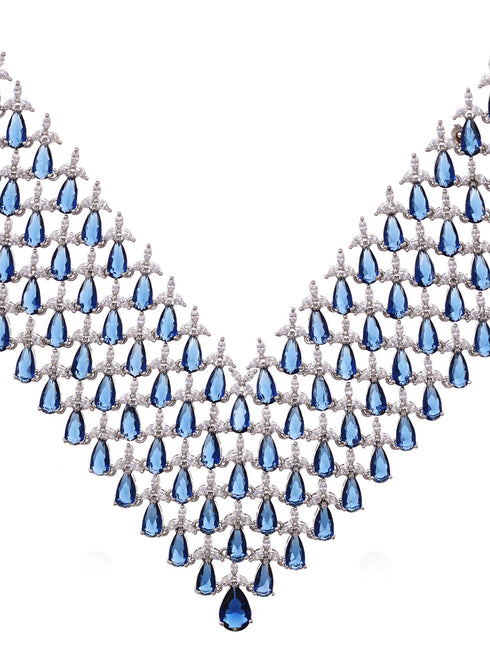 Silver Plated Blue Sapphire AD Studded Statement Necklace Jewellery set